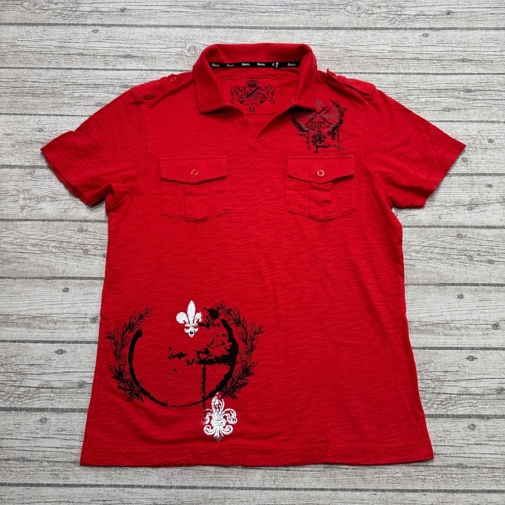 Guess Polo Shirt Mens Medium Red Short Sleeve Graphic Cotton Athletic Streetwear